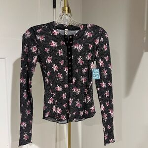 NWT Free People Black and Pink Floral Blouse